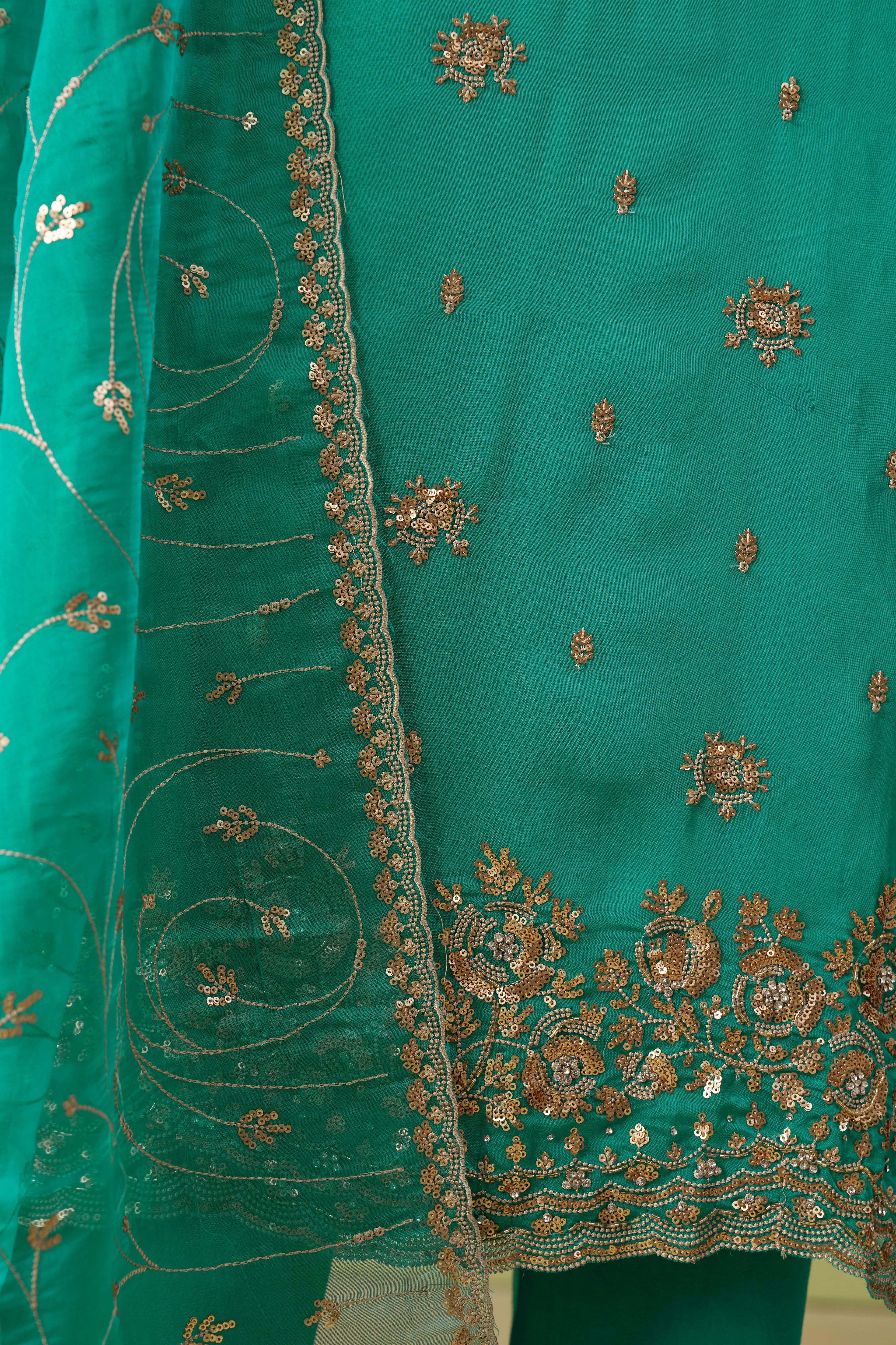 Teal Shimmer Organza Kameez with Pant For Ladies Indian Festivals & Weddings - Thread Embroidery Work, Sequence Embroidery Work, Hand Work