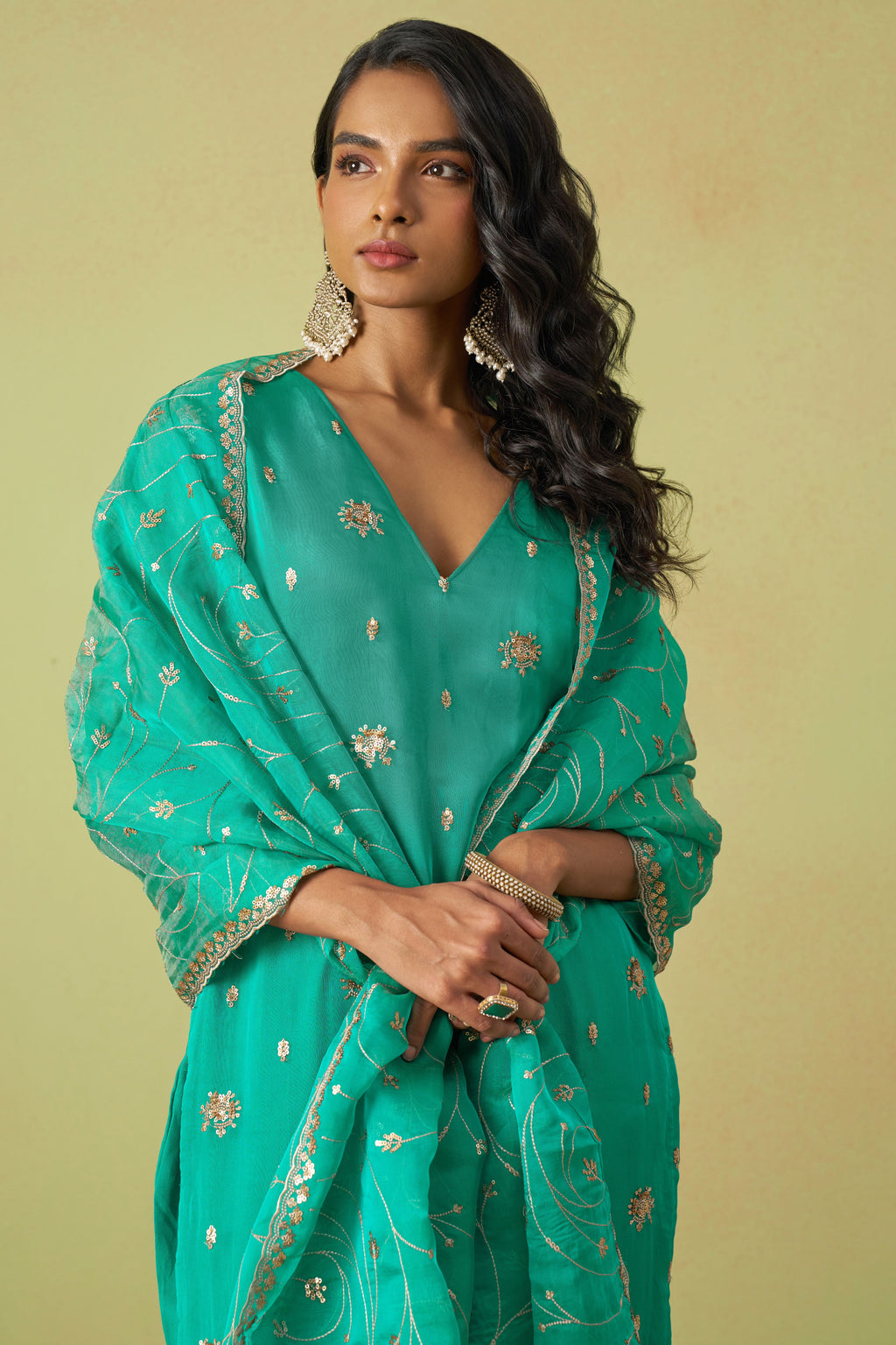 Teal Shimmer Organza Kameez with Pant For Ladies Indian Festivals & Weddings - Thread Embroidery Work, Sequence Embroidery Work, Hand Work