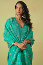 Teal Shimmer Organza Kameez with Pant For Ladies Indian Festivals & Weddings - Thread Embroidery Work, Sequence Embroidery Work, Hand Work