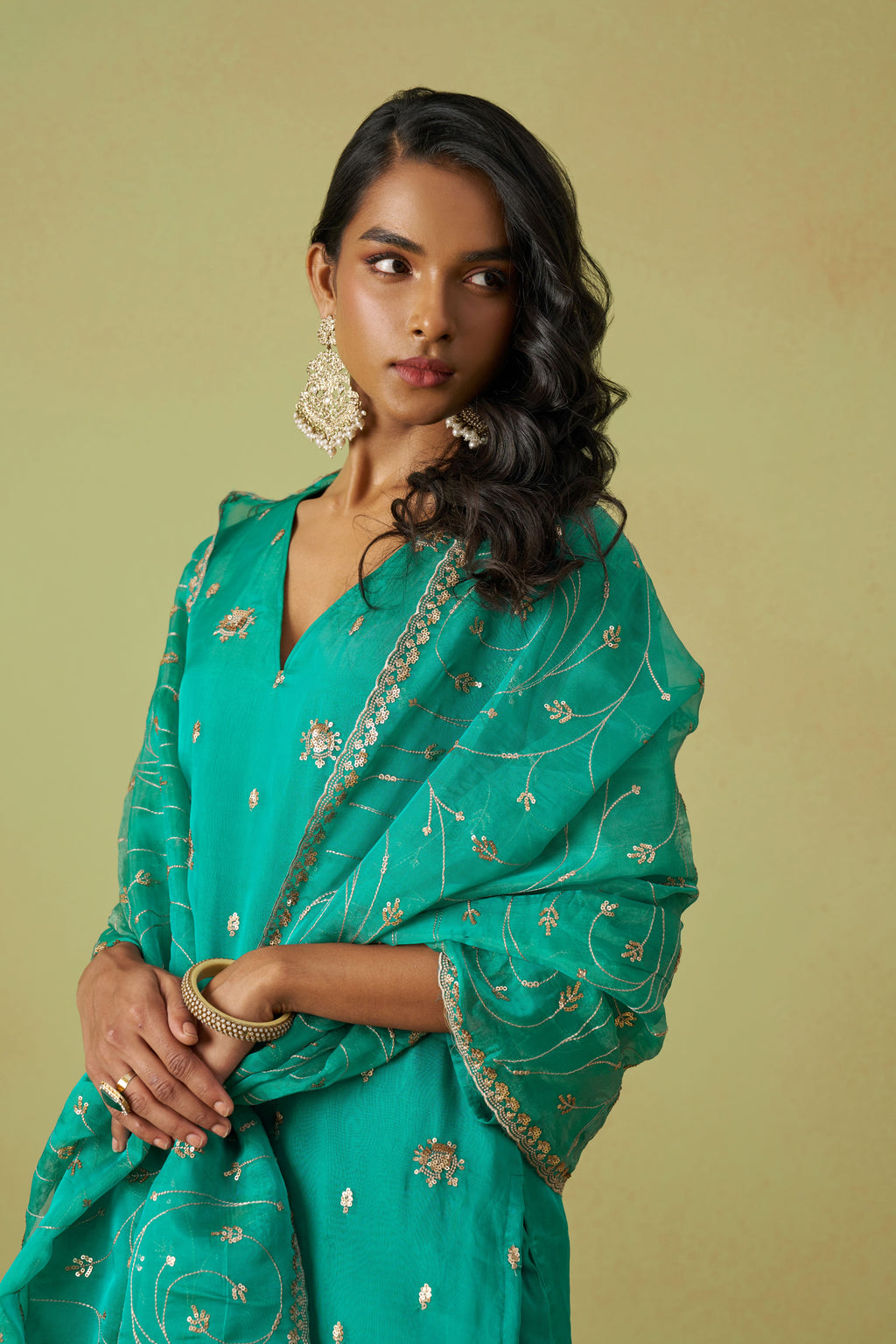 Teal Shimmer Organza Kameez with Pant For Ladies Indian Festivals & Weddings - Thread Embroidery Work, Sequence Embroidery Work, Hand Work