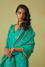 Teal Shimmer Organza Kameez with Pant For Ladies Indian Festivals & Weddings - Thread Embroidery Work, Sequence Embroidery Work, Hand Work