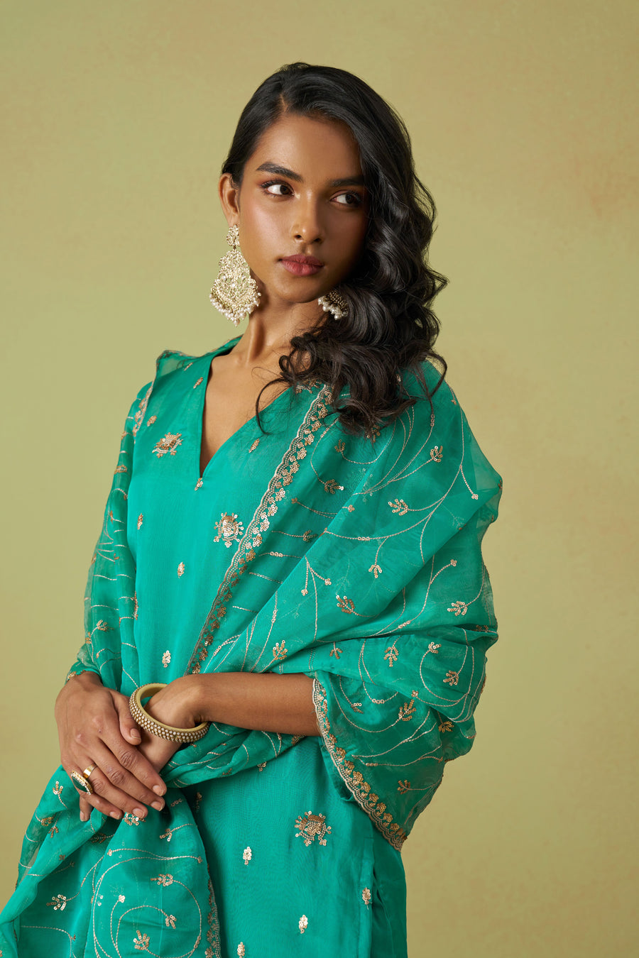 Teal Shimmer Organza Kameez with Pant For Ladies Indian Festivals & Weddings - Thread Embroidery Work, Sequence Embroidery Work, Hand Work