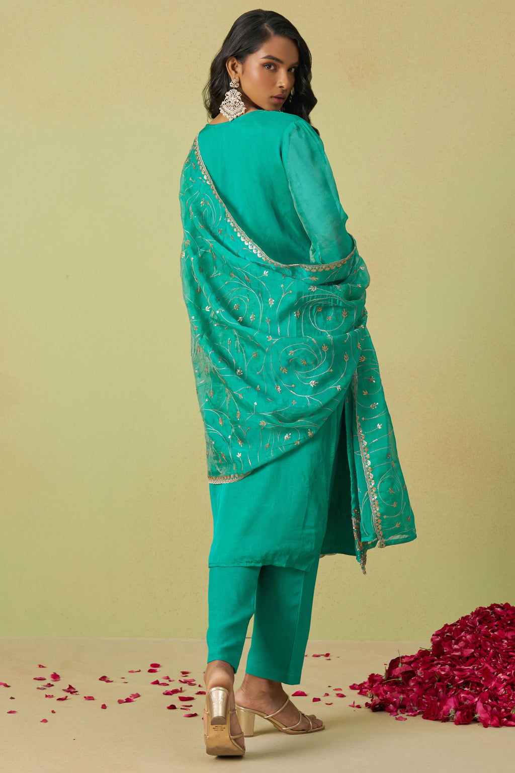 Teal Shimmer Organza Kameez with Pant For Ladies Indian Festivals & Weddings - Thread Embroidery Work, Sequence Embroidery Work, Hand Work