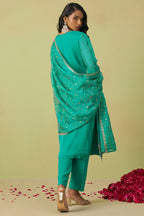 Teal Shimmer Organza Kameez with Pant For Ladies Indian Festivals & Weddings - Thread Embroidery Work, Sequence Embroidery Work, Hand Work