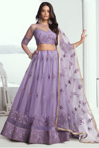 Purple Net Lehenga Choli For Indian & Pakistani Wedding Festival - Sequins & Thread Embroidery Work