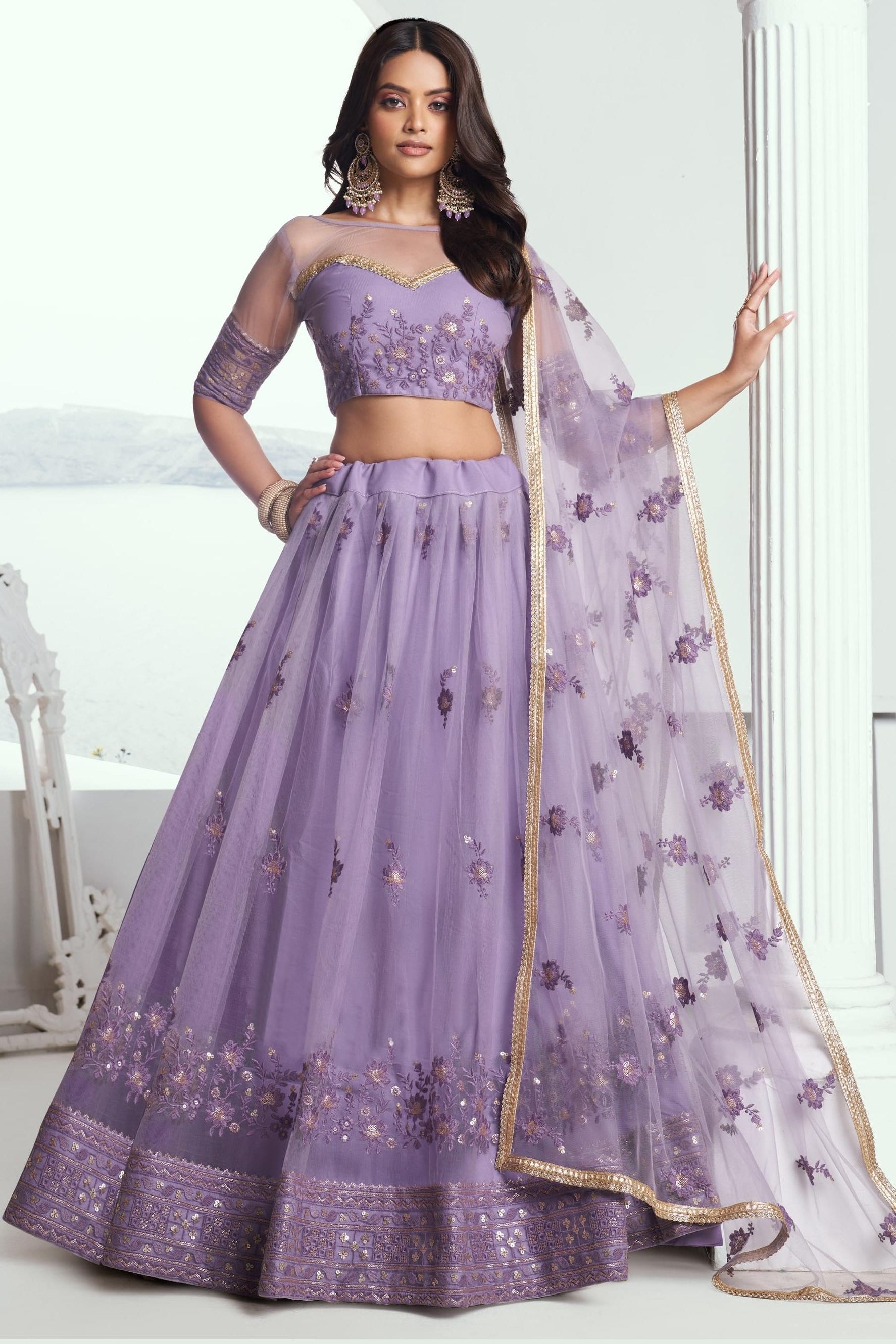 Purple Net Lehenga Choli For Indian & Pakistani Wedding Festival - Sequins & Thread Embroidery Work