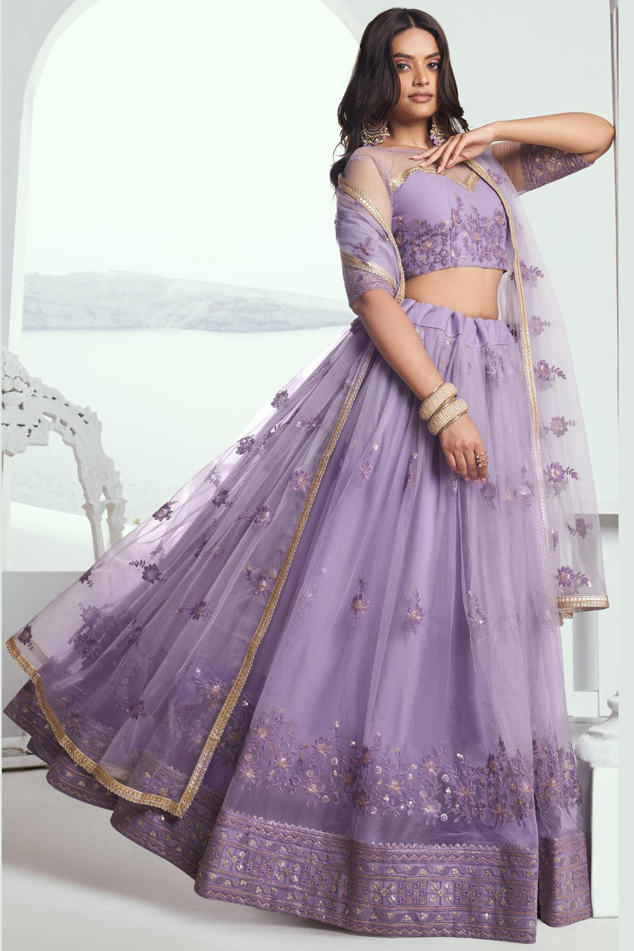 Purple Net Lehenga Choli For Indian & Pakistani Wedding Festival - Sequins & Thread Embroidery Work