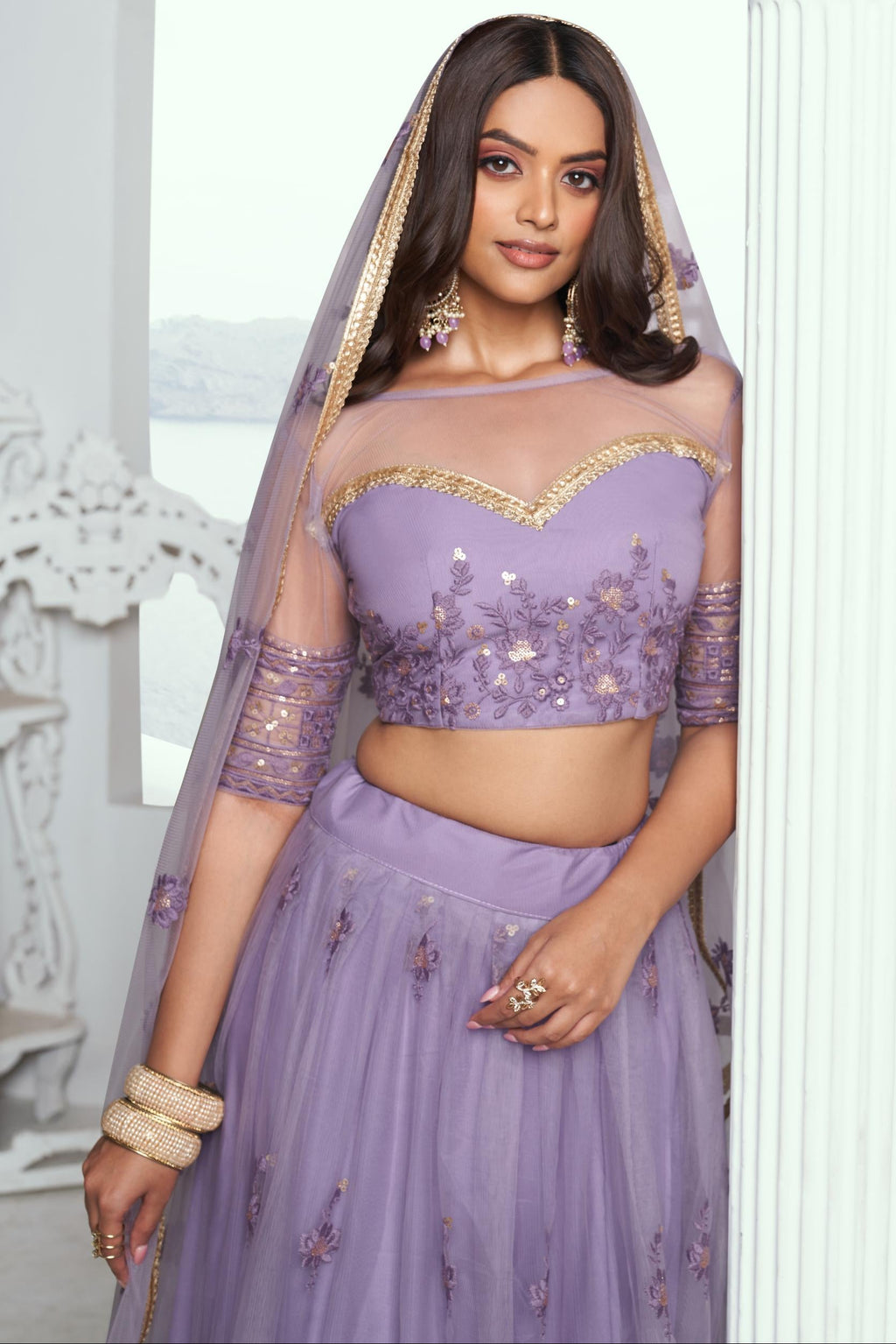 Purple Net Lehenga Choli For Indian & Pakistani Wedding Festival - Sequins & Thread Embroidery Work
