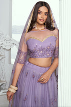 Purple Net Lehenga Choli For Indian & Pakistani Wedding Festival - Sequins & Thread Embroidery Work