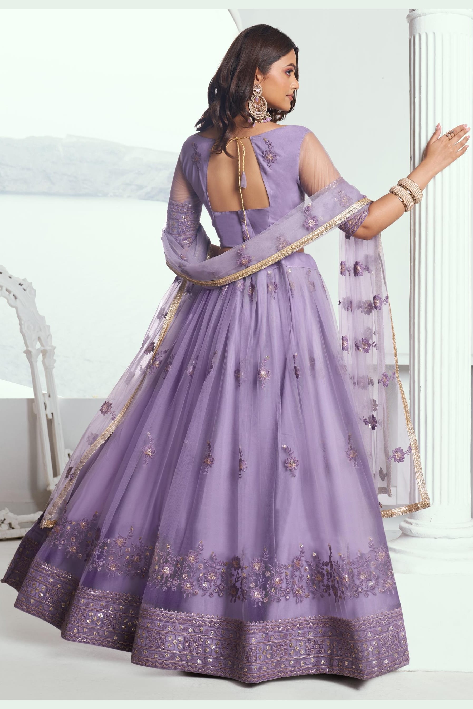 Purple Net Lehenga Choli For Indian & Pakistani Wedding Festival - Sequins & Thread Embroidery Work