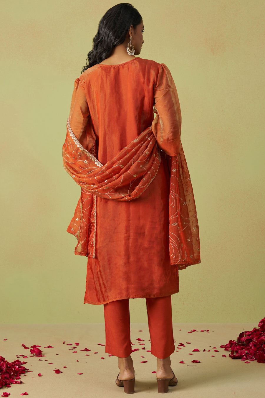 Orange Shimmer Organza Kameez with Pant For Ladies Indian Festivals & Weddings - Thread Embroidery Work, Sequence Embroidery Work, Hand Work