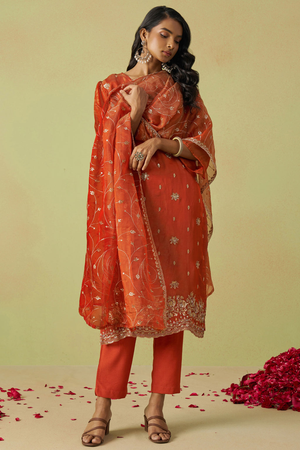 Orange Shimmer Organza Kameez with Pant For Ladies Indian Festivals & Weddings - Thread Embroidery Work, Sequence Embroidery Work, Hand Work
