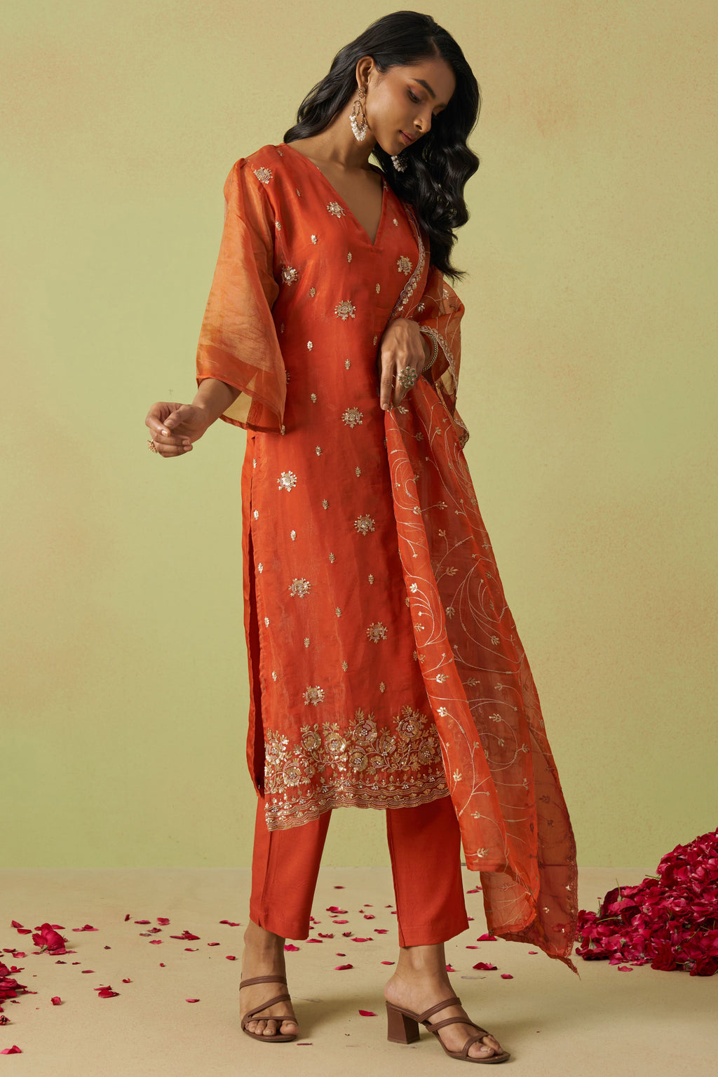 Orange Shimmer Organza Kameez with Pant For Ladies Indian Festivals & Weddings - Thread Embroidery Work, Sequence Embroidery Work, Hand Work