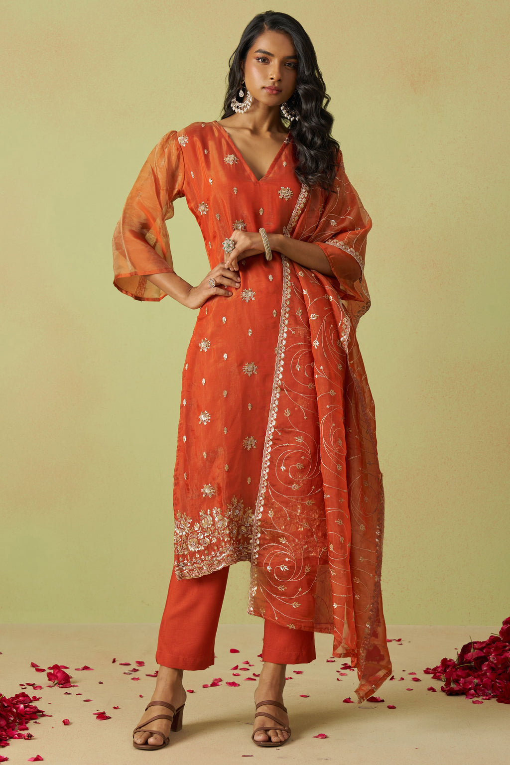Orange Shimmer Organza Kameez with Pant For Ladies Indian Festivals & Weddings - Thread Embroidery Work, Sequence Embroidery Work, Hand Work