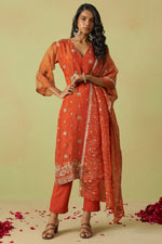 Orange Shimmer Organza Kameez with Pant For Ladies Indian Festivals & Weddings - Thread Embroidery Work, Sequence Embroidery Work, Hand Work