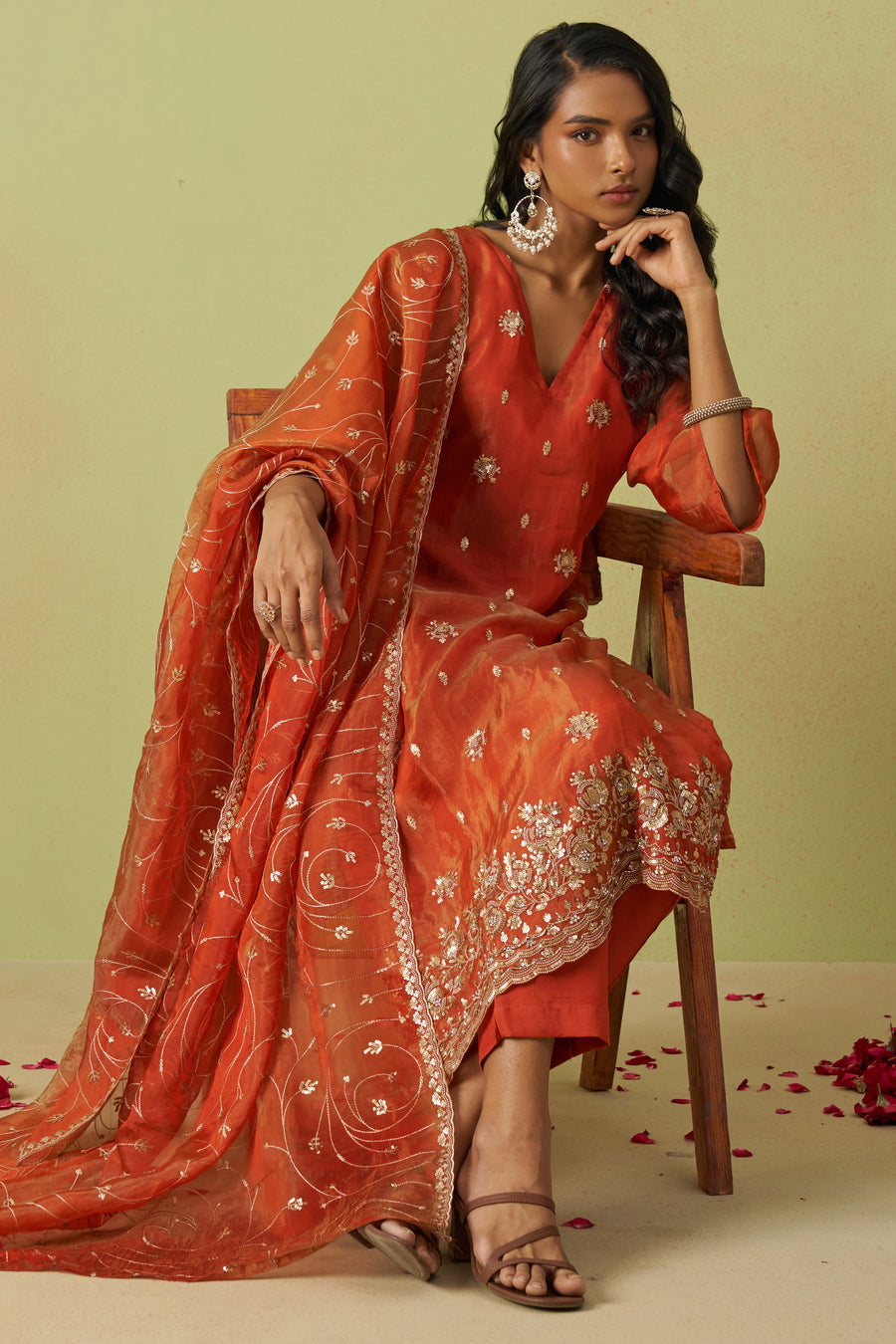 Orange Shimmer Organza Kameez with Pant For Ladies Indian Festivals & Weddings - Thread Embroidery Work, Sequence Embroidery Work, Hand Work