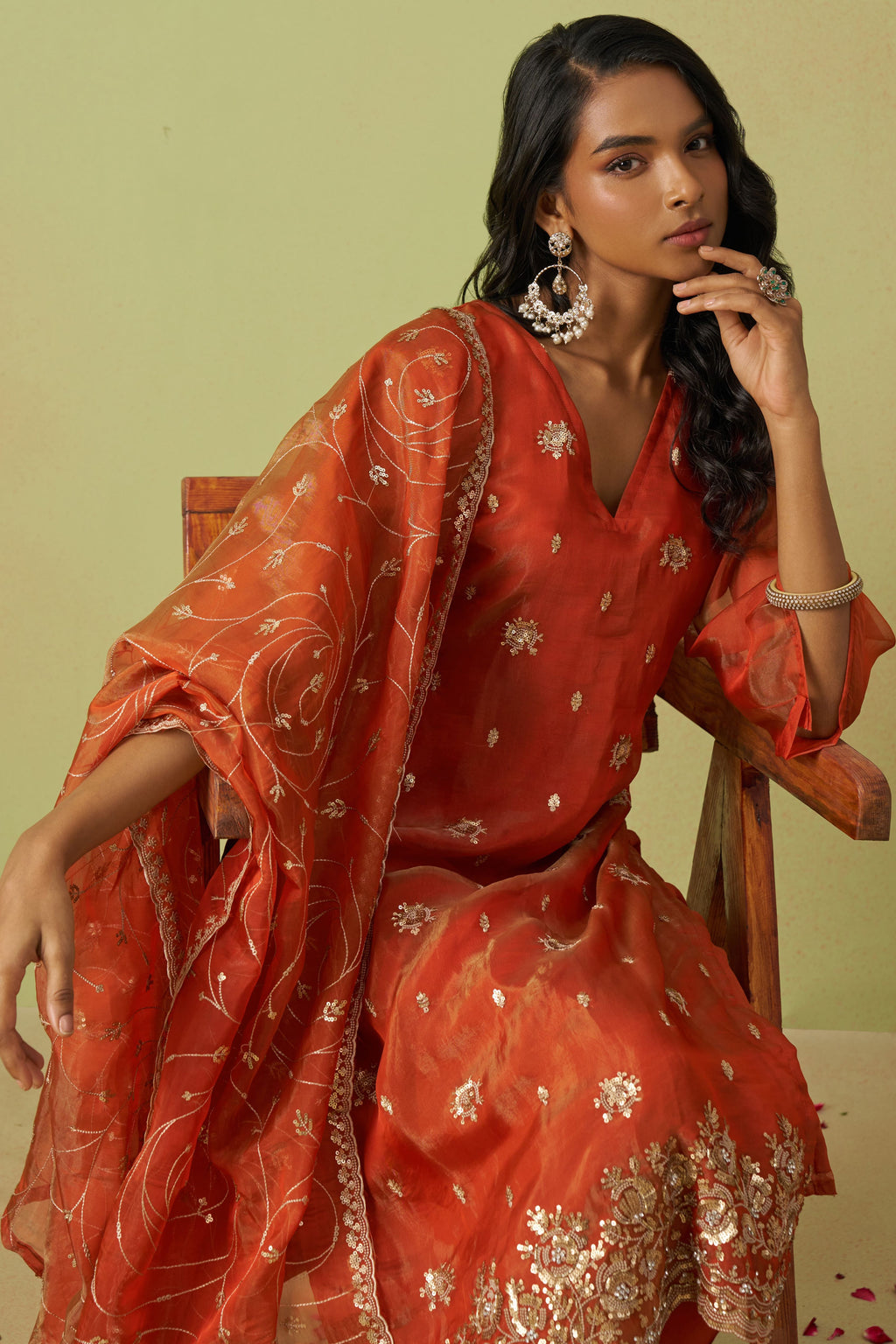 Orange Shimmer Organza Kameez with Pant For Ladies Indian Festivals & Weddings - Thread Embroidery Work, Sequence Embroidery Work, Hand Work