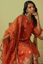 Orange Shimmer Organza Kameez with Pant For Ladies Indian Festivals & Weddings - Thread Embroidery Work, Sequence Embroidery Work, Hand Work