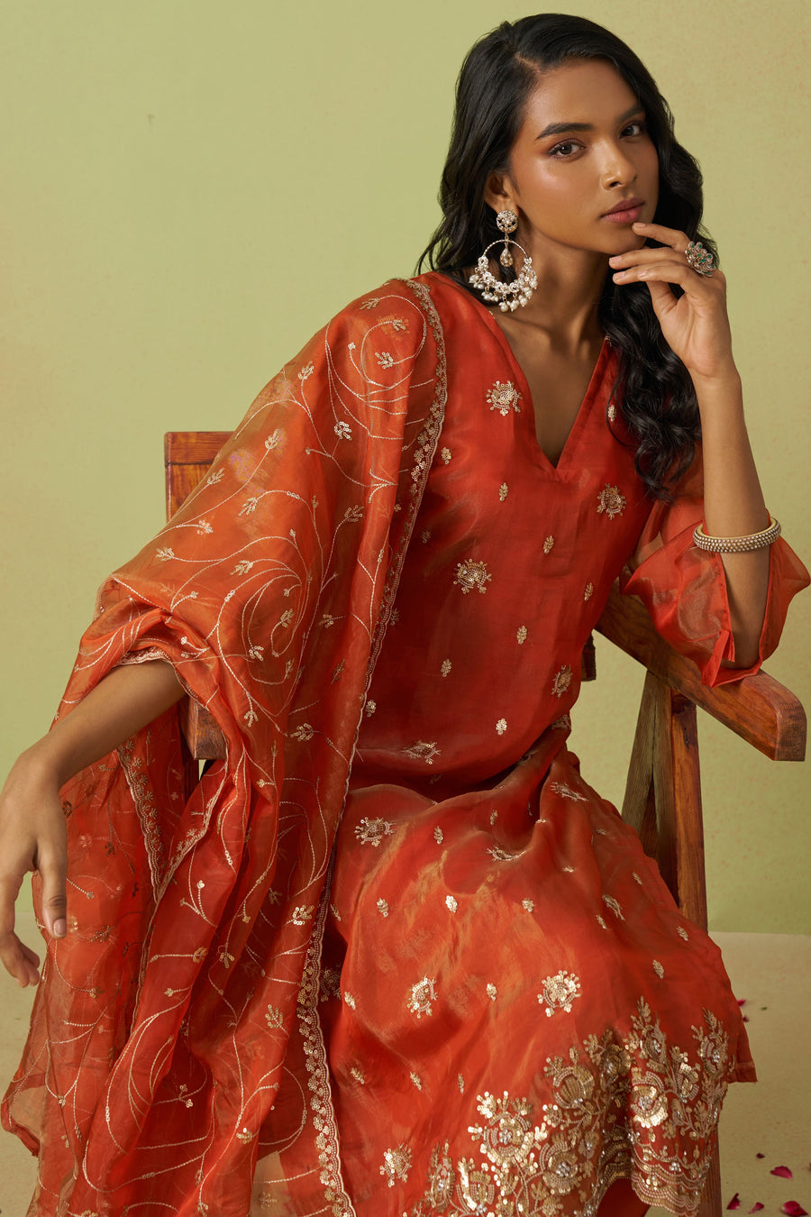 Orange Shimmer Organza Kameez with Pant For Ladies Indian Festivals & Weddings - Thread Embroidery Work, Sequence Embroidery Work, Hand Work