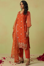 Orange Shimmer Organza Kameez with Pant For Ladies Indian Festivals & Weddings - Thread Embroidery Work, Sequence Embroidery Work, Hand Work
