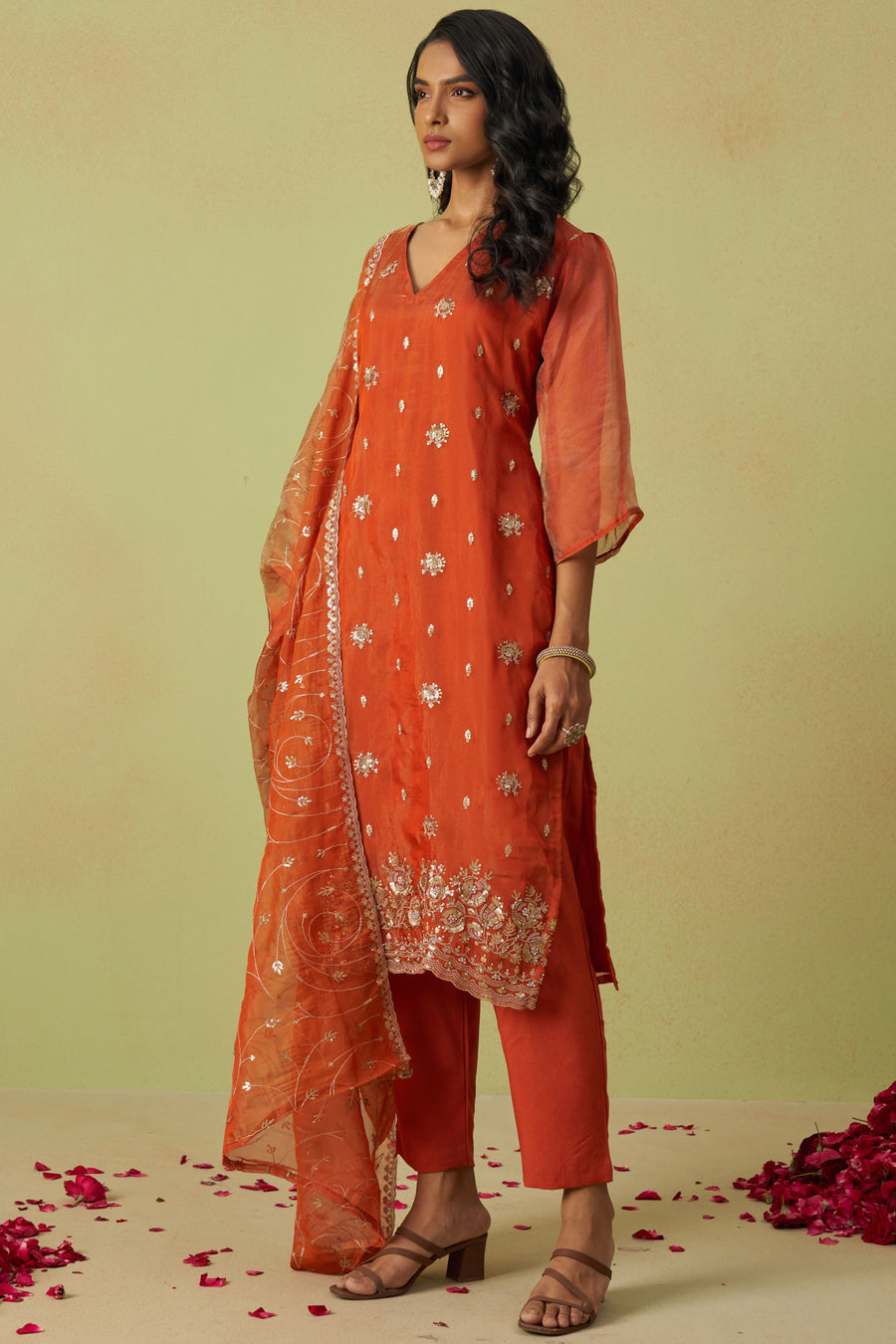 Orange Shimmer Organza Kameez with Pant For Ladies Indian Festivals & Weddings - Thread Embroidery Work, Sequence Embroidery Work, Hand Work