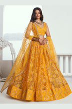 Mustard Net Haldi Lehenga Choli For Indian & Pakistani Wedding Festival - Sequins & Thread Embroidery Work