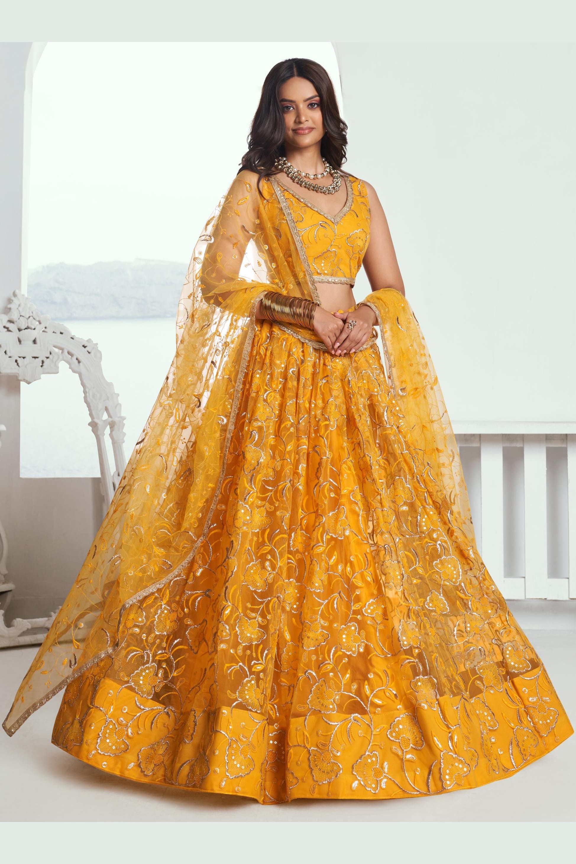 Mustard Net Haldi Lehenga Choli For Indian & Pakistani Wedding Festival - Sequins & Thread Embroidery Work