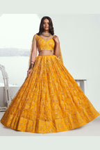 Mustard Net Haldi Lehenga Choli For Indian & Pakistani Wedding Festival - Sequins & Thread Embroidery Work