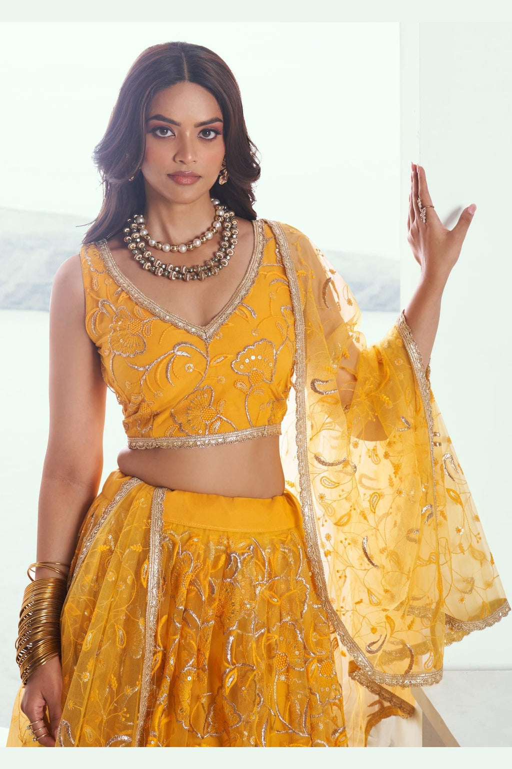Mustard Net Haldi Lehenga Choli For Indian & Pakistani Wedding Festival - Sequins & Thread Embroidery Work