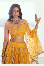 Mustard Net Haldi Lehenga Choli For Indian & Pakistani Wedding Festival - Sequins & Thread Embroidery Work