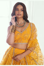 Mustard Net Haldi Lehenga Choli For Indian & Pakistani Wedding Festival - Sequins & Thread Embroidery Work