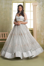 Silver Grey Net Lehenga Choli For Indian & Pakistani Wedding Festival - Thread Embroidery Work, Sequence Embroidery Work