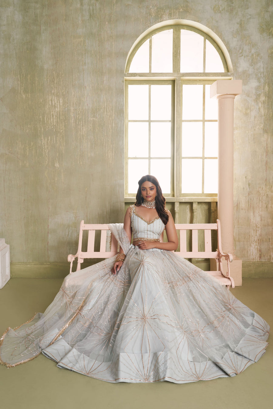 Silver Grey Net Lehenga Choli For Indian & Pakistani Wedding Festival - Thread Embroidery Work, Sequence Embroidery Work