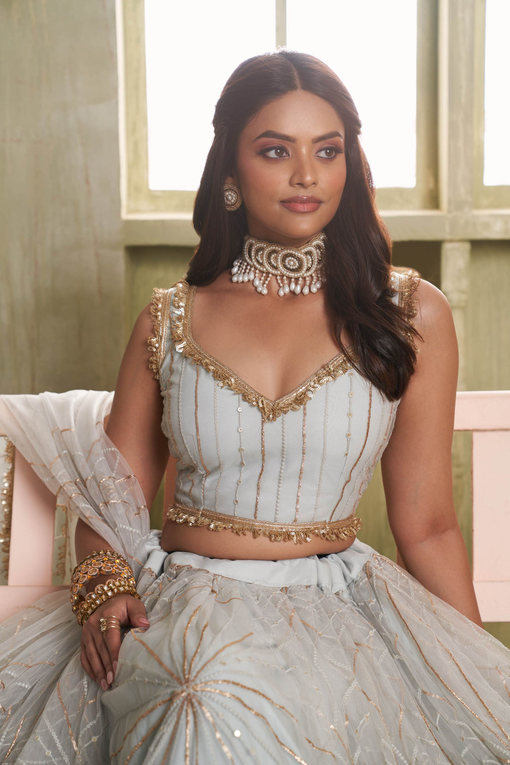 Silver Grey Net Lehenga Choli For Indian & Pakistani Wedding Festival - Thread Embroidery Work, Sequence Embroidery Work