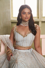 Silver Grey Net Lehenga Choli For Indian & Pakistani Wedding Festival - Thread Embroidery Work, Sequence Embroidery Work