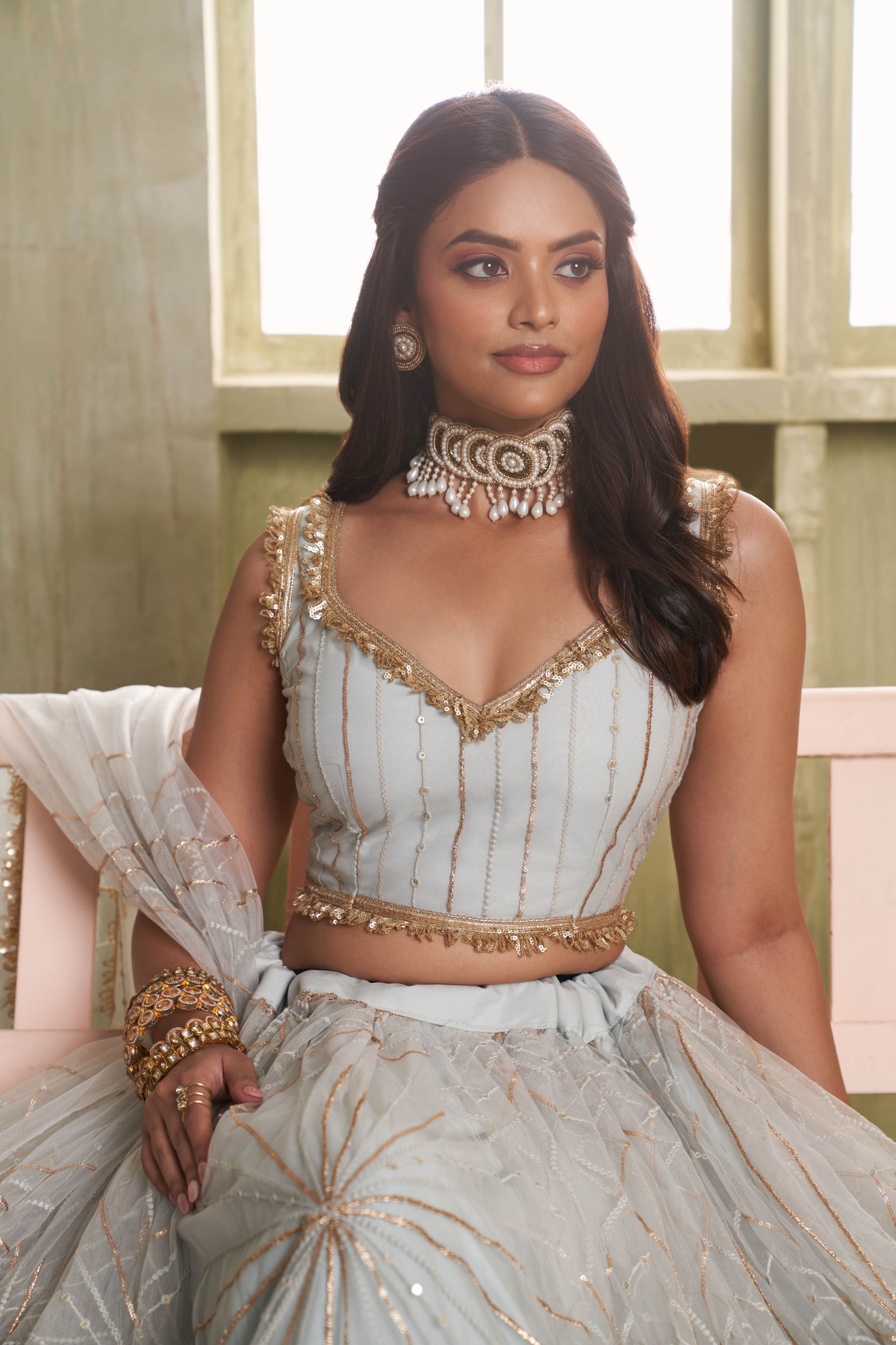 Silver Grey Net Lehenga Choli For Indian & Pakistani Wedding Festival - Thread Embroidery Work, Sequence Embroidery Work