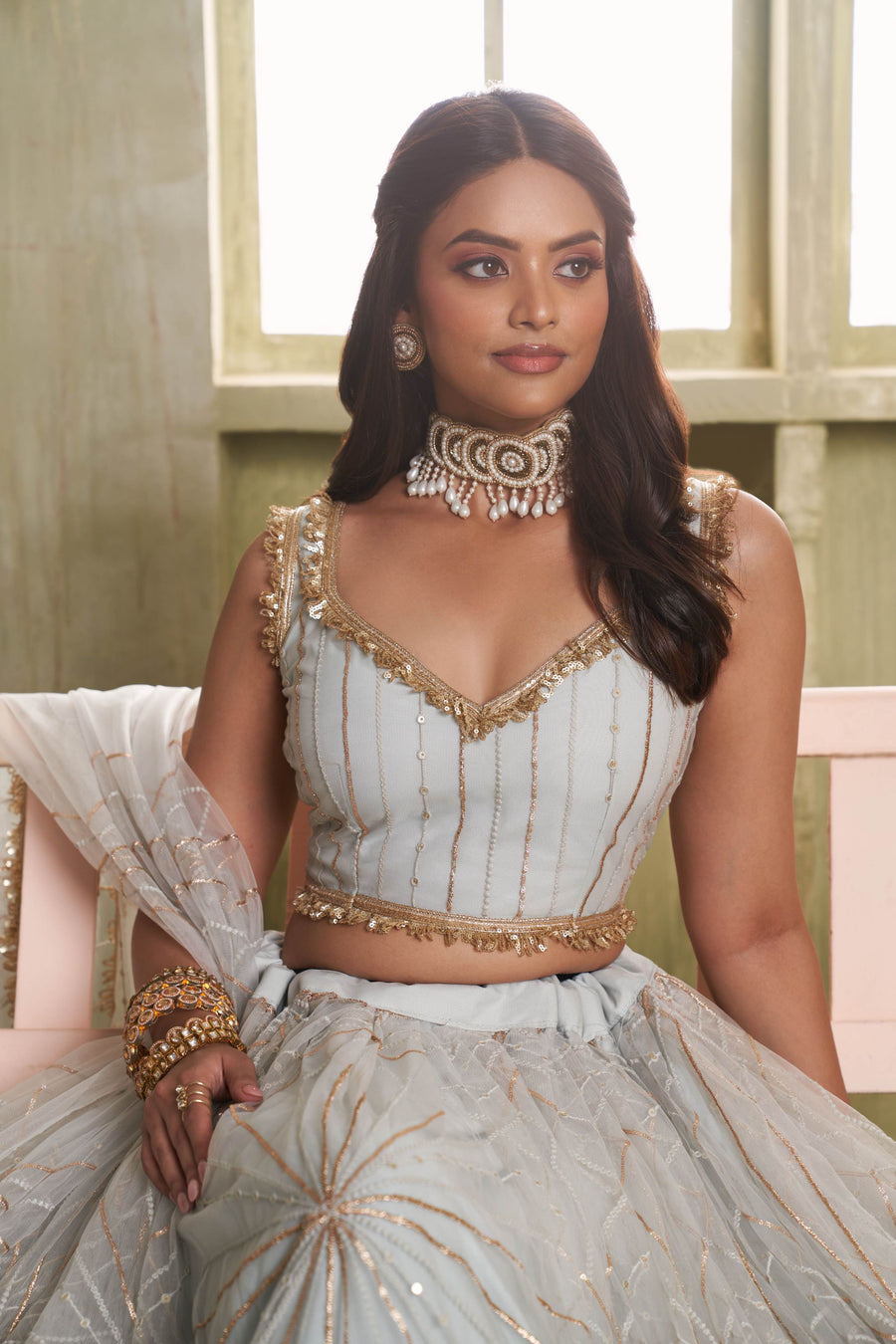 Silver Grey Net Lehenga Choli For Indian & Pakistani Wedding Festival - Thread Embroidery Work, Sequence Embroidery Work