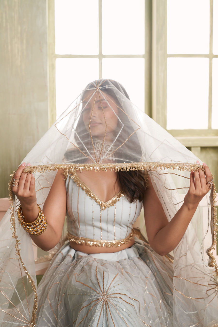 Silver Grey Net Lehenga Choli For Indian & Pakistani Wedding Festival - Thread Embroidery Work, Sequence Embroidery Work