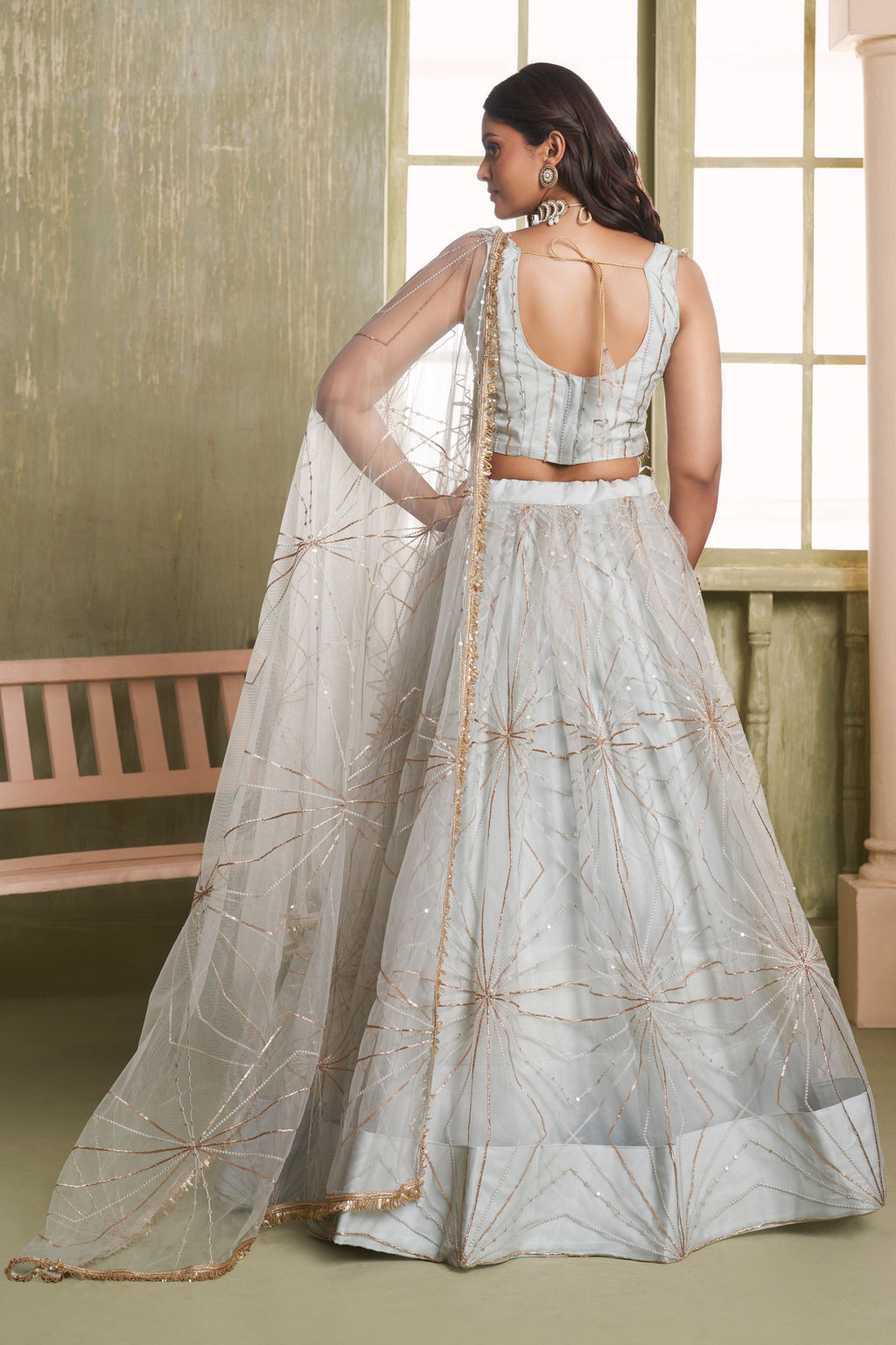Silver Grey Net Lehenga Choli For Indian & Pakistani Wedding Festival - Thread Embroidery Work, Sequence Embroidery Work