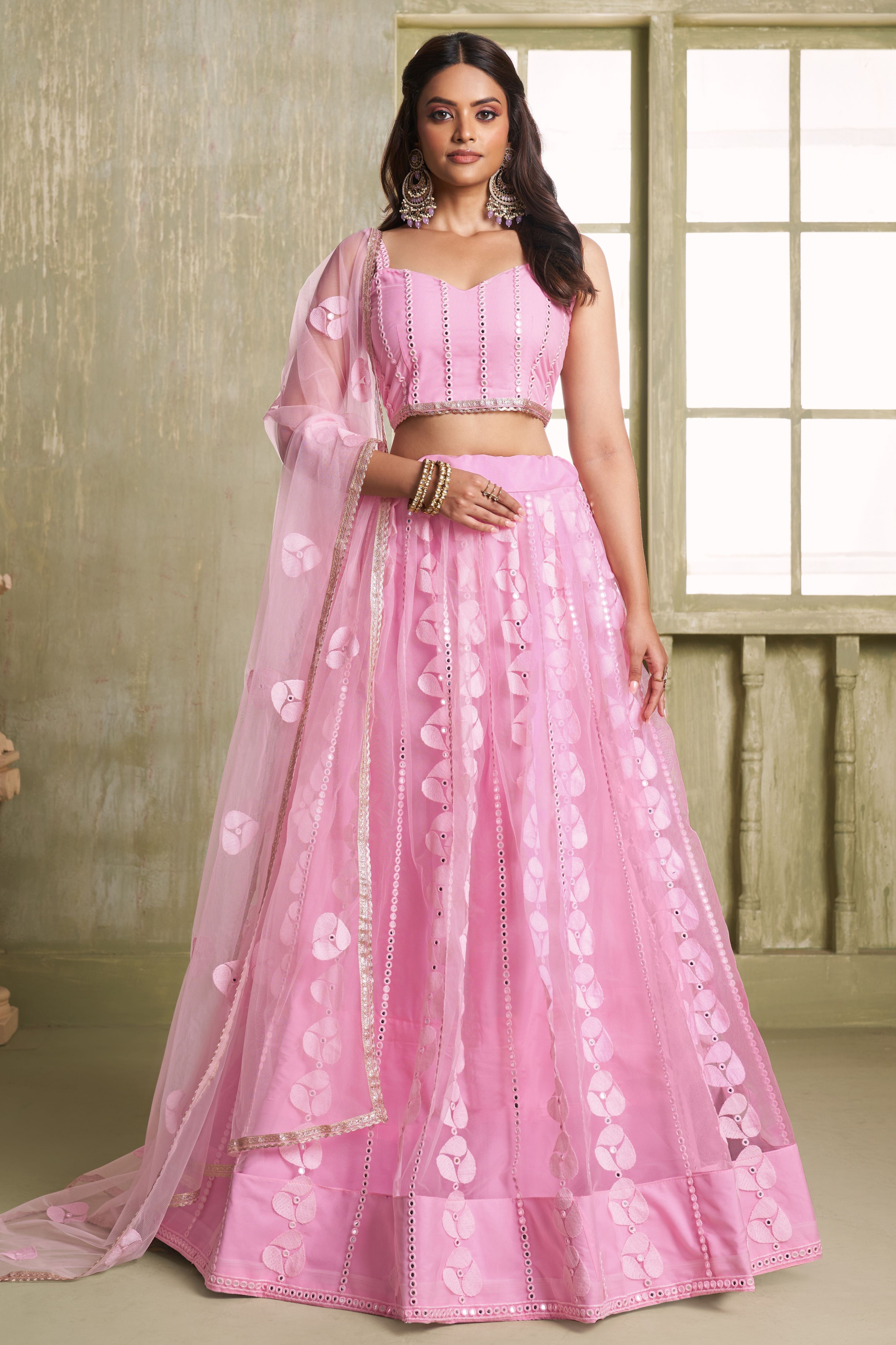 Pink Net Lehenga Choli For Indian & Pakistani Wedding Festival - Thread Embroidery Work, Sequence Embroidery Work