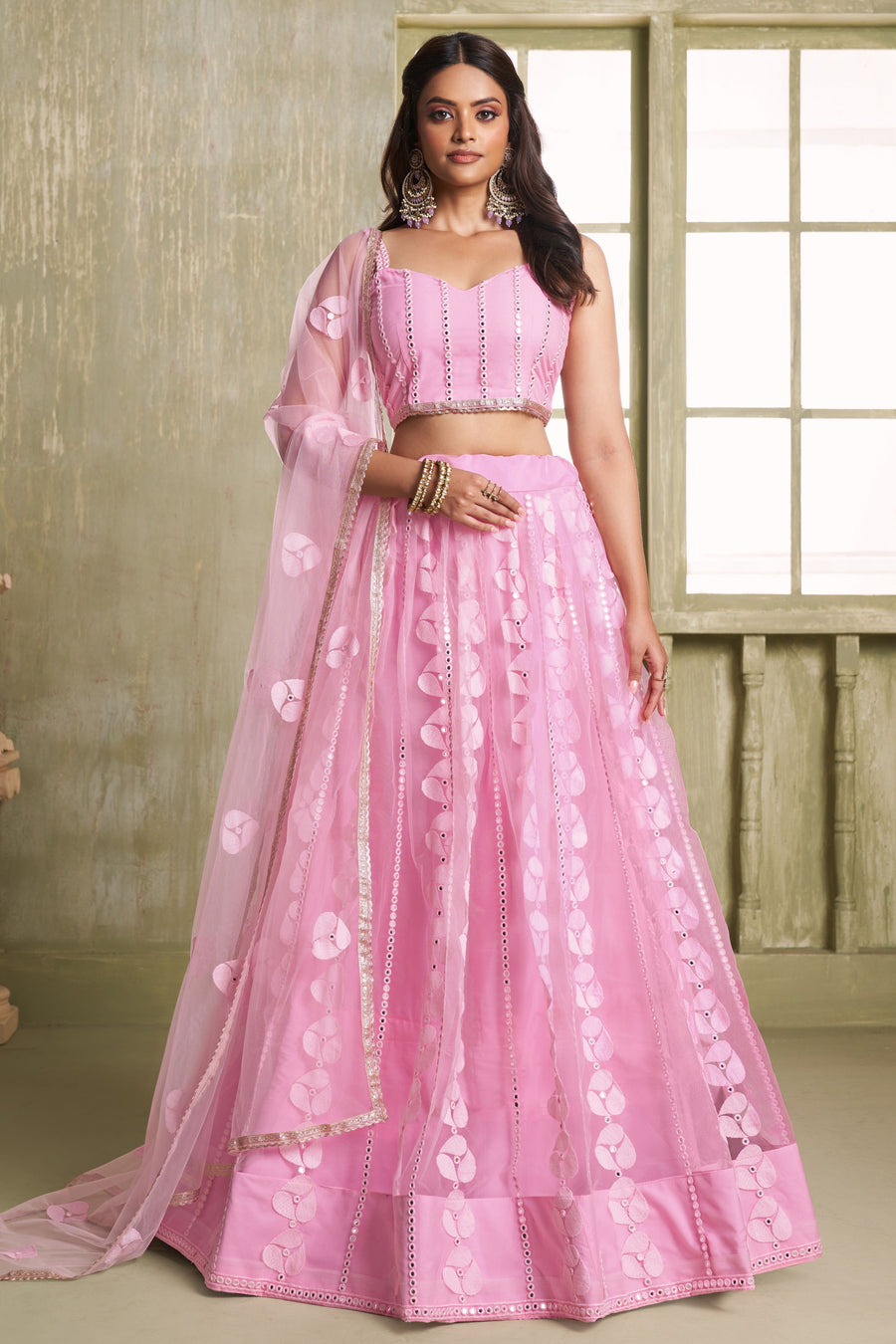 Pink Net Lehenga Choli For Indian & Pakistani Wedding Festival - Thread Embroidery Work, Sequence Embroidery Work