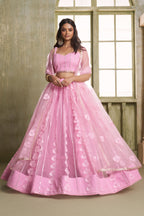 Pink Net Lehenga Choli For Indian & Pakistani Wedding Festival - Thread Embroidery Work, Sequence Embroidery Work