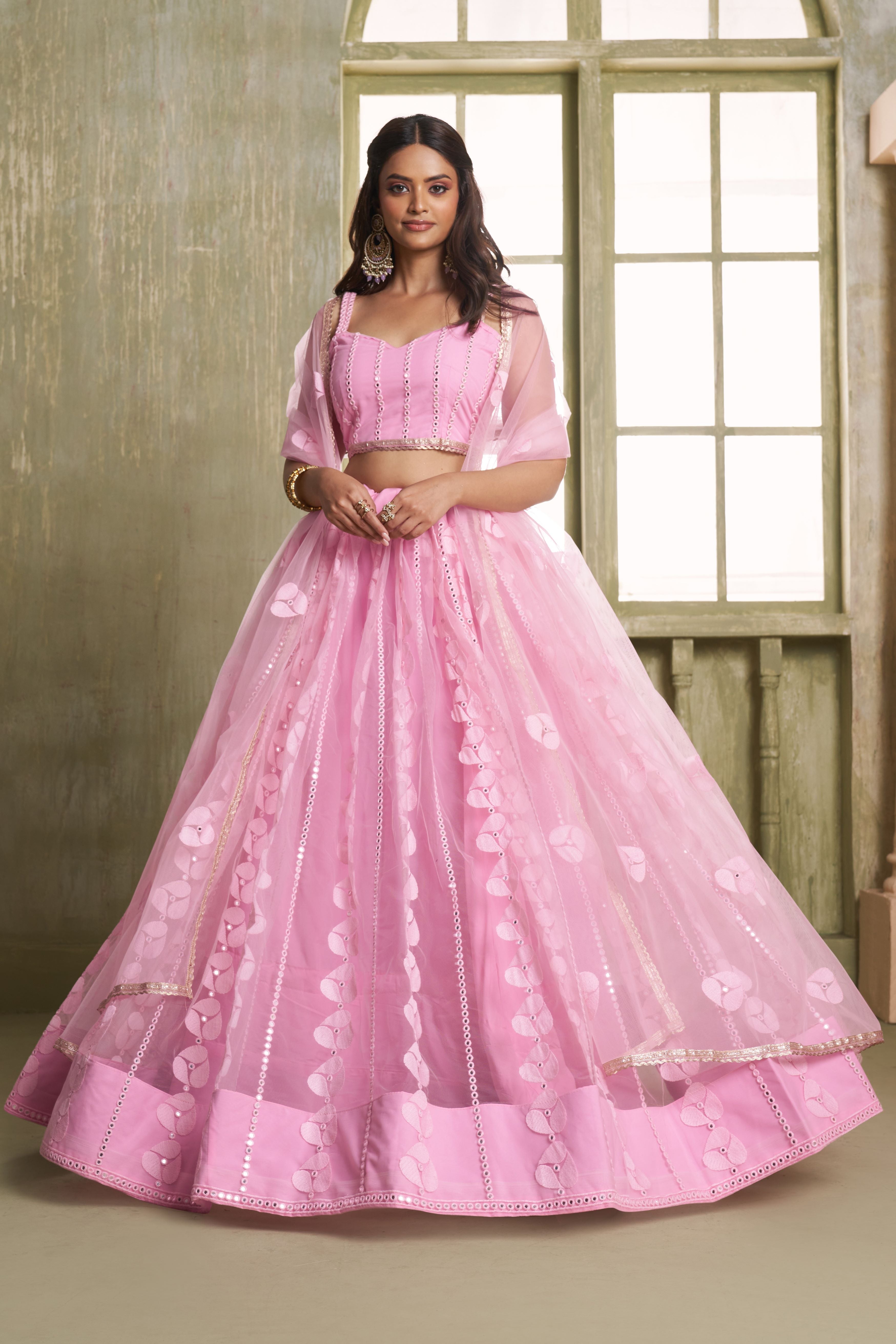 Pink Net Lehenga Choli For Indian & Pakistani Wedding Festival - Thread Embroidery Work, Sequence Embroidery Work