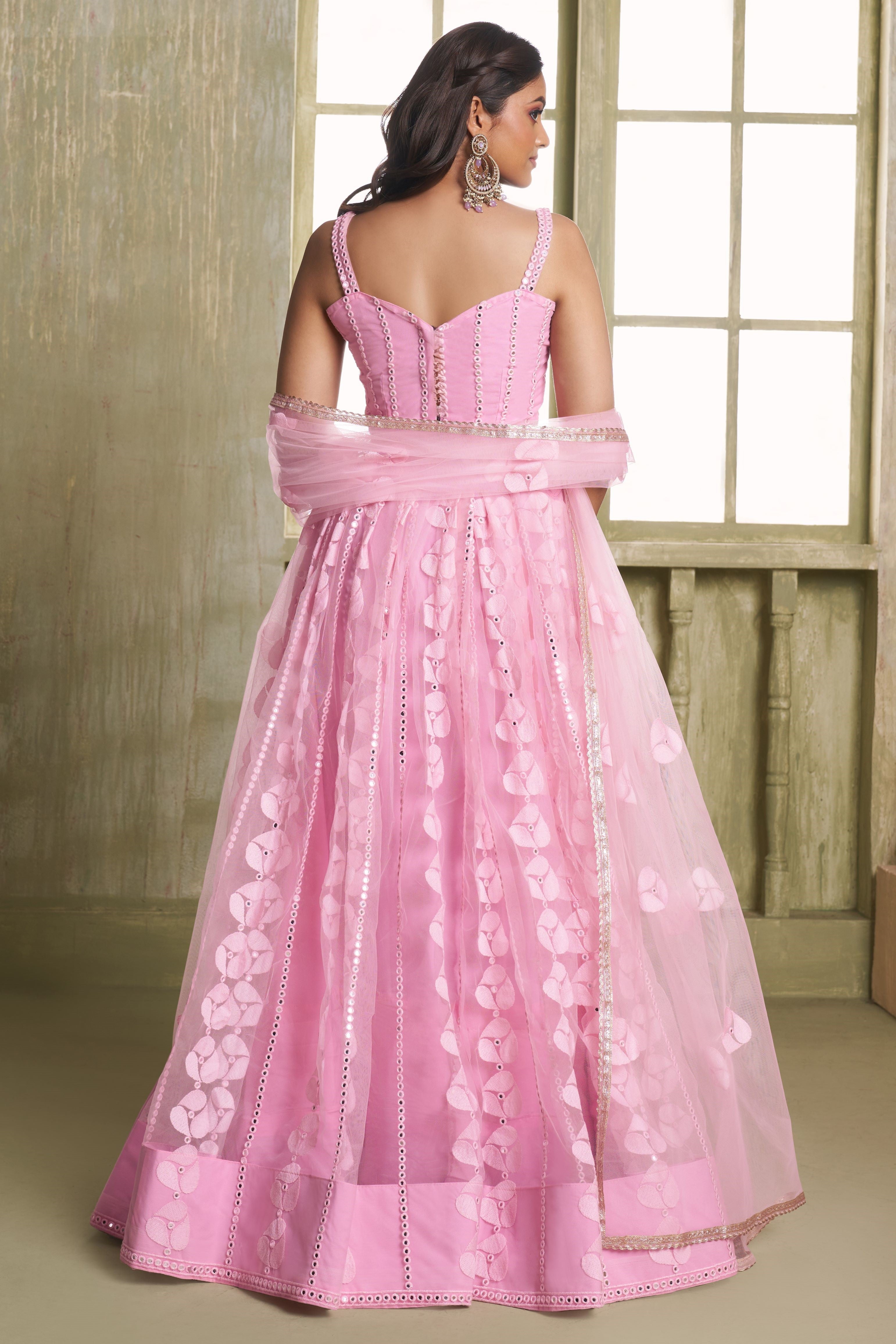 Pink Net Lehenga Choli For Indian & Pakistani Wedding Festival - Thread Embroidery Work, Sequence Embroidery Work