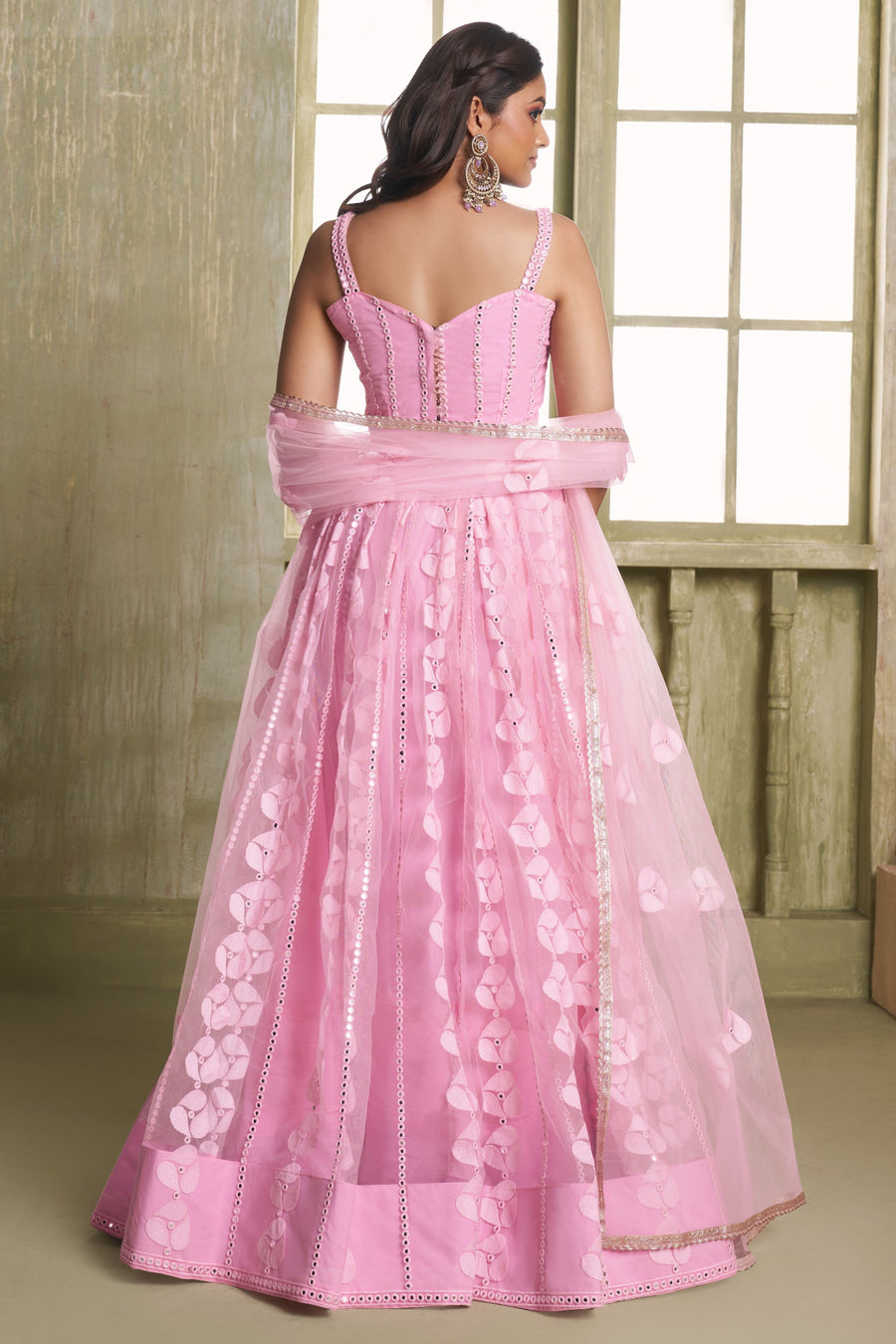 Pink Net Lehenga Choli For Indian & Pakistani Wedding Festival - Thread Embroidery Work, Sequence Embroidery Work