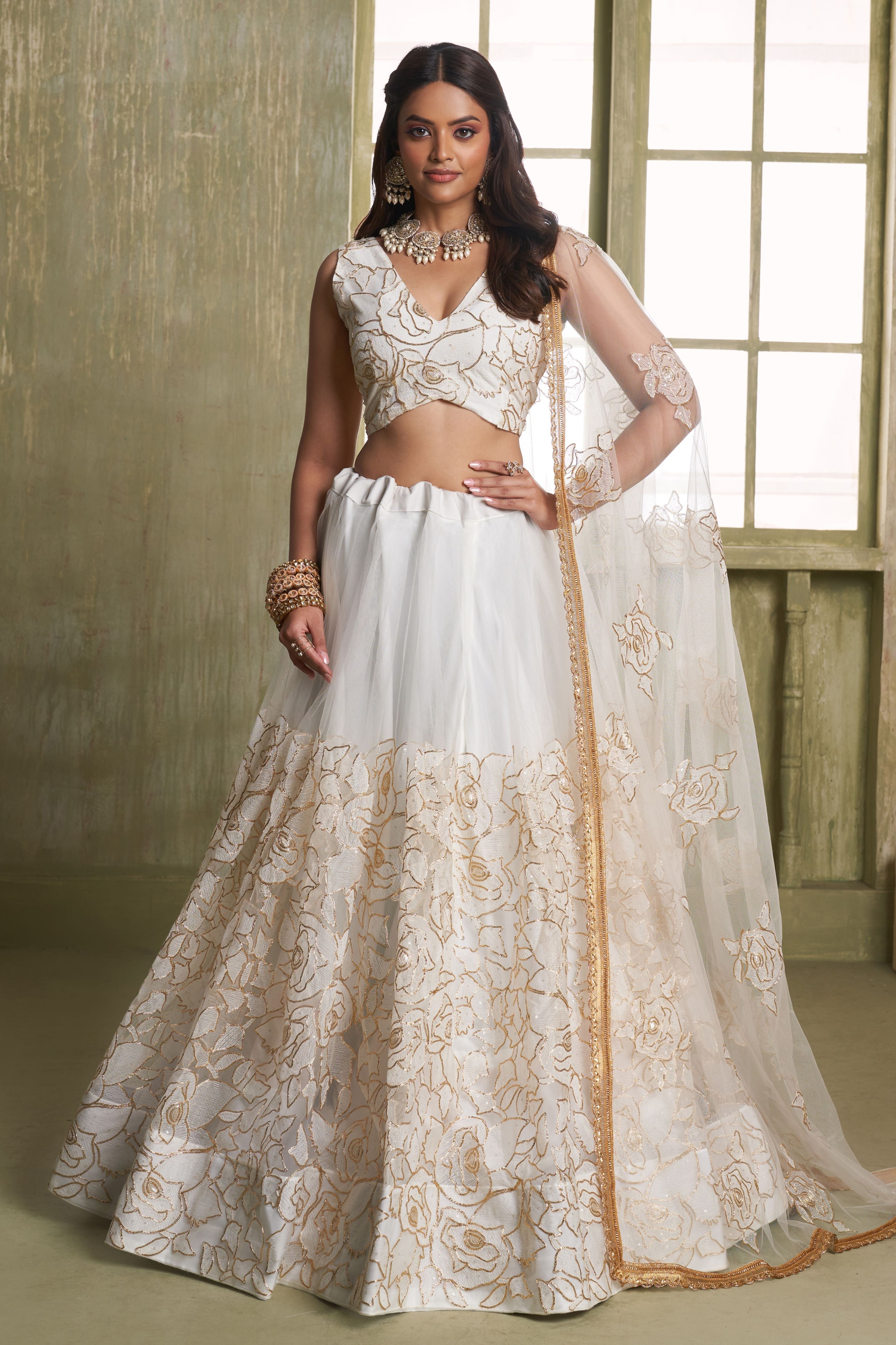 White Net Lehenga Choli For Indian & Pakistani Wedding Festival - Thread Embroidery Work, Sequence Embroidery Work