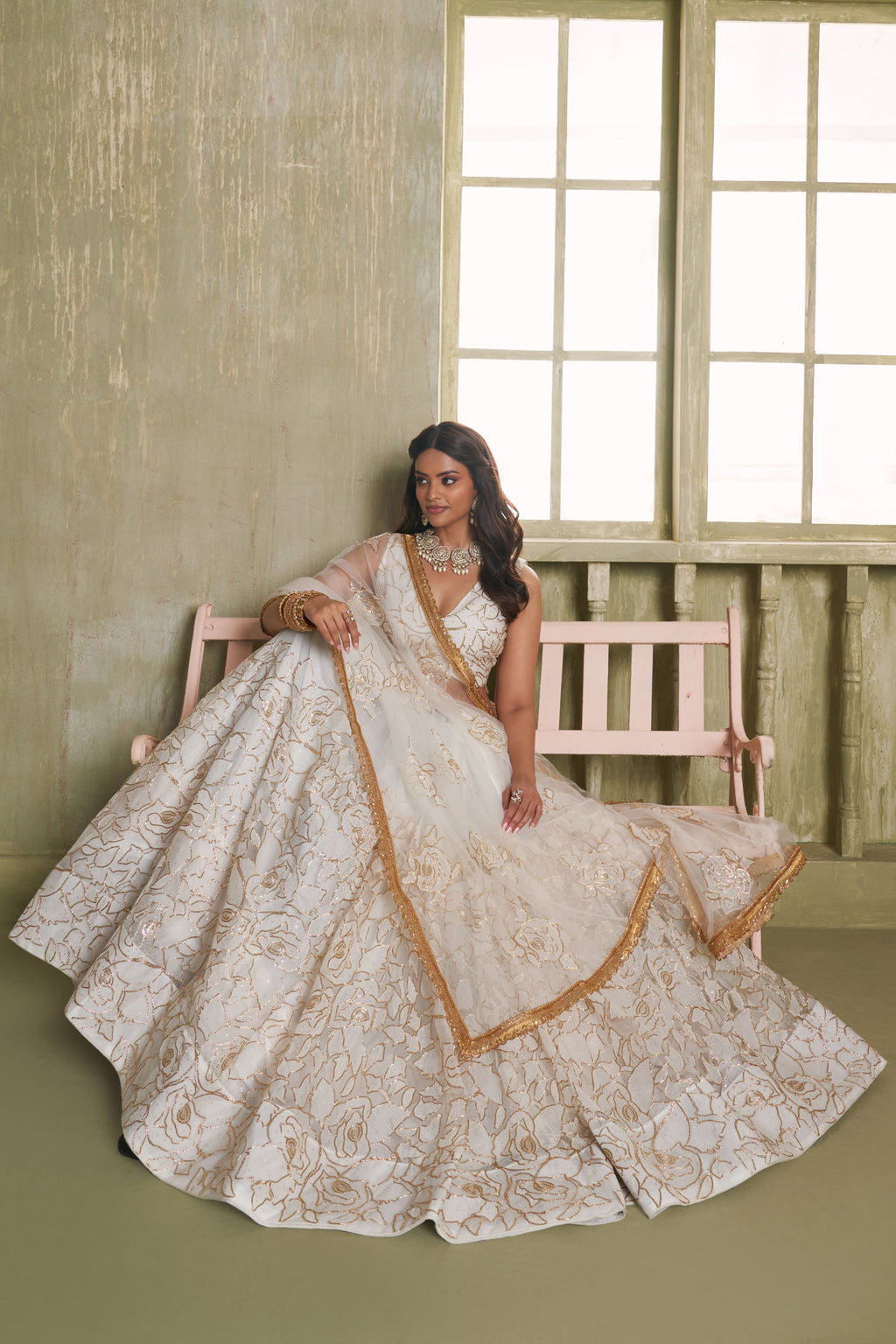 White Net Lehenga Choli For Indian & Pakistani Wedding Festival - Thread Embroidery Work, Sequence Embroidery Work