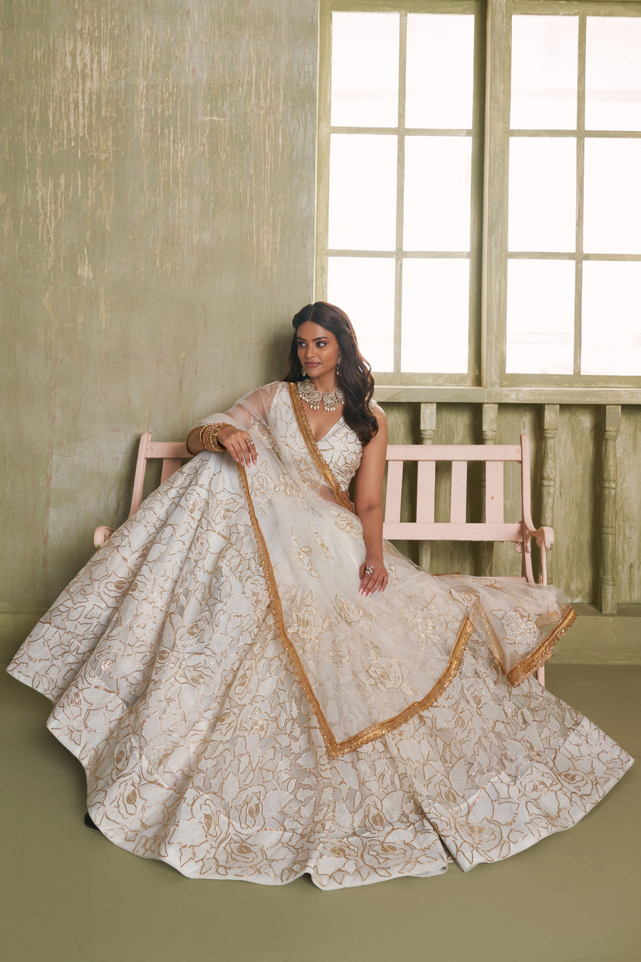 White Net Lehenga Choli For Indian & Pakistani Wedding Festival - Thread Embroidery Work, Sequence Embroidery Work