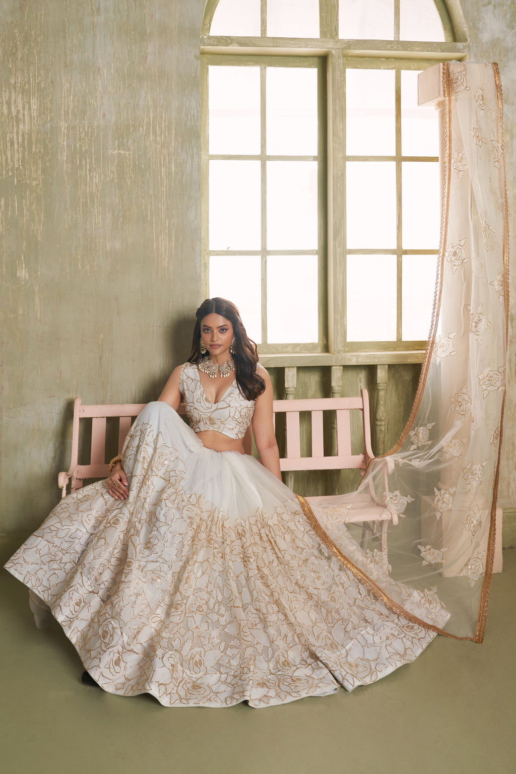 White Net Lehenga Choli For Indian & Pakistani Wedding Festival - Thread Embroidery Work, Sequence Embroidery Work