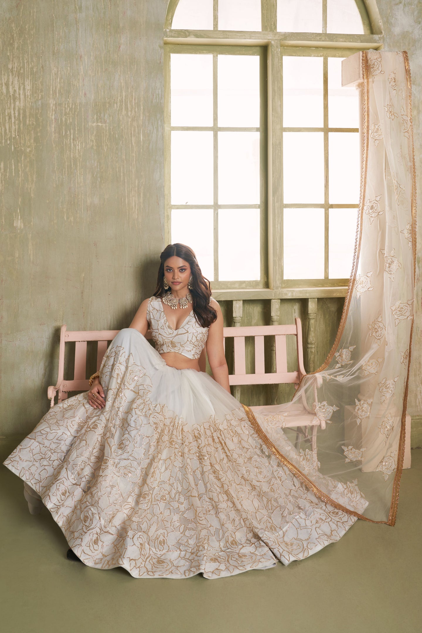 White Net Lehenga Choli For Indian & Pakistani Wedding Festival - Thread Embroidery Work, Sequence Embroidery Work